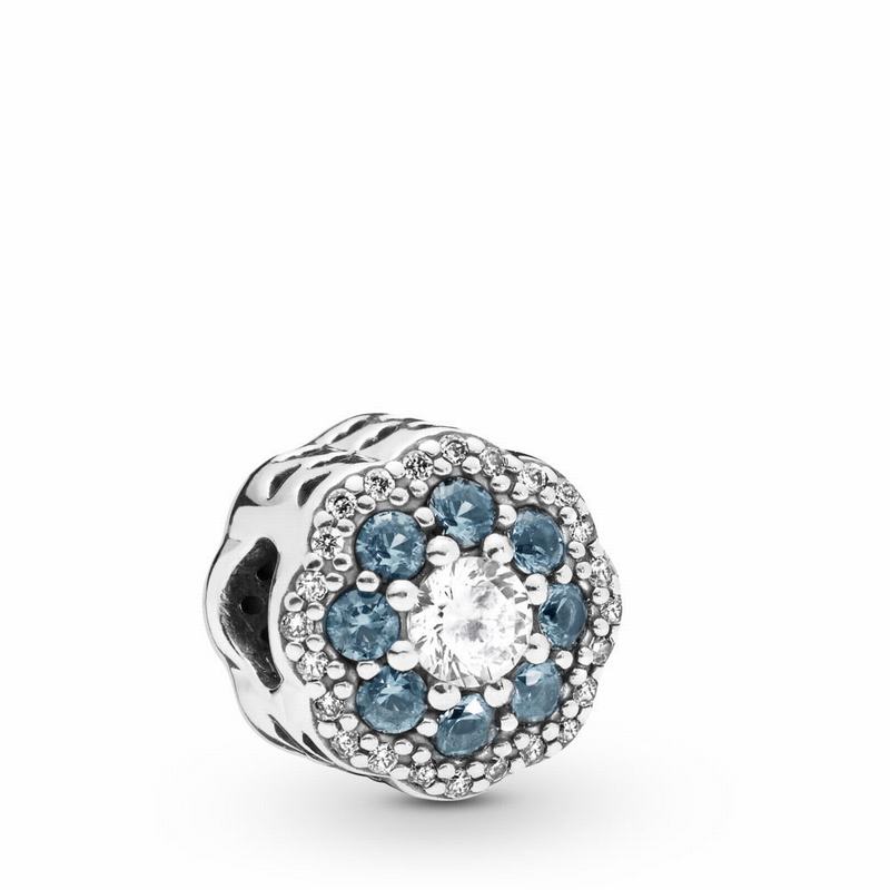 Pandora Blue Sparkle Flower Charm Ireland - Sterling Silver/Blue/Mixed Stones - 510673WFE